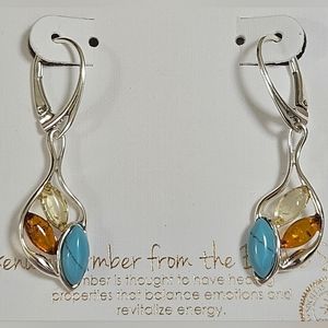 MIDWEST AMBER STERLING SILVER BALTIC AMBER POLAND 1.5" TURQUOISE EARRINGS NIB